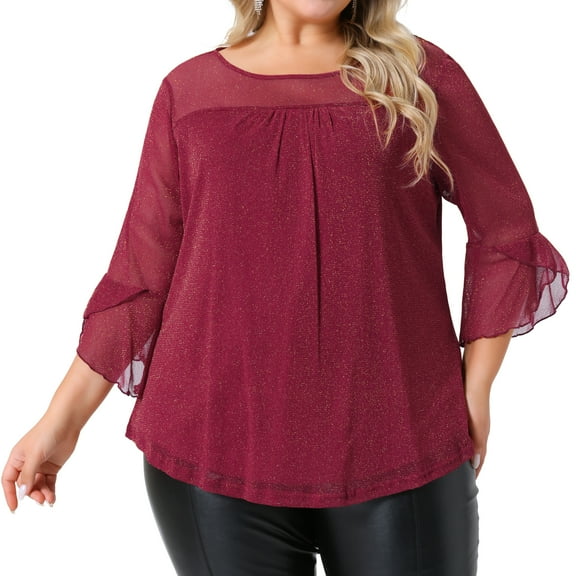 DARING DIVA Women's Plus Ruffle 3/4 Sleeve Elegant Crew Neck Blouse 1X Red