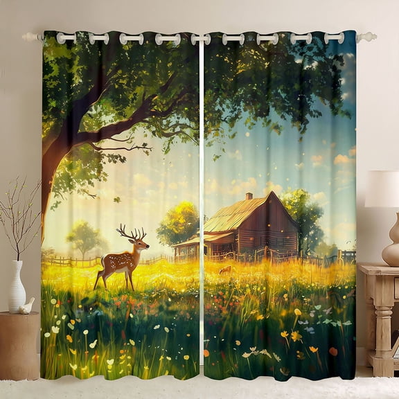 Homewish Dreamy Cartoon Deer Black Out Curtains, Western Rustic Cabin Curtains Pack of 2 (42x63 Each), Anime Animal Theme Bedroom Curtains, Blackout Curtains Bedroom Decor