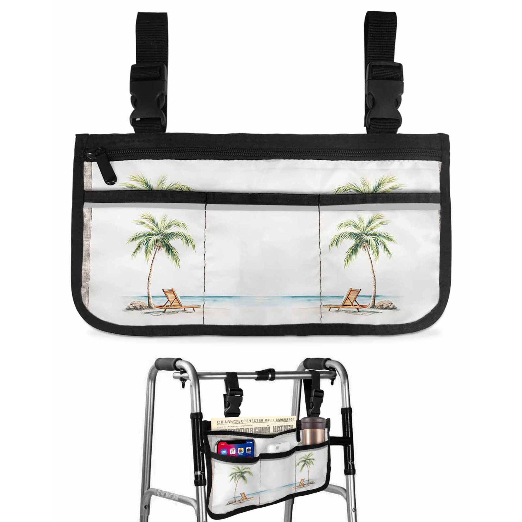 Vintage Wheelchair Side Bag with Cup Holder, Seaside Vacation Palm Trees Recliner Retro Linen Wheelchair Armrest Bag Storage Pouch Adults, Seniors for Walkers, Rollator, Scooter