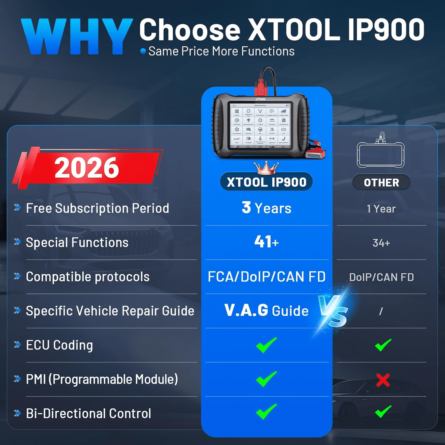 XTOOL IP900 Bidirectional Scan Tool 2026 AI-Assisted OBD2 Scanner Diagnostic Tool with ECU Cod-ing 41+ Services, FCA, 3-year Free Update