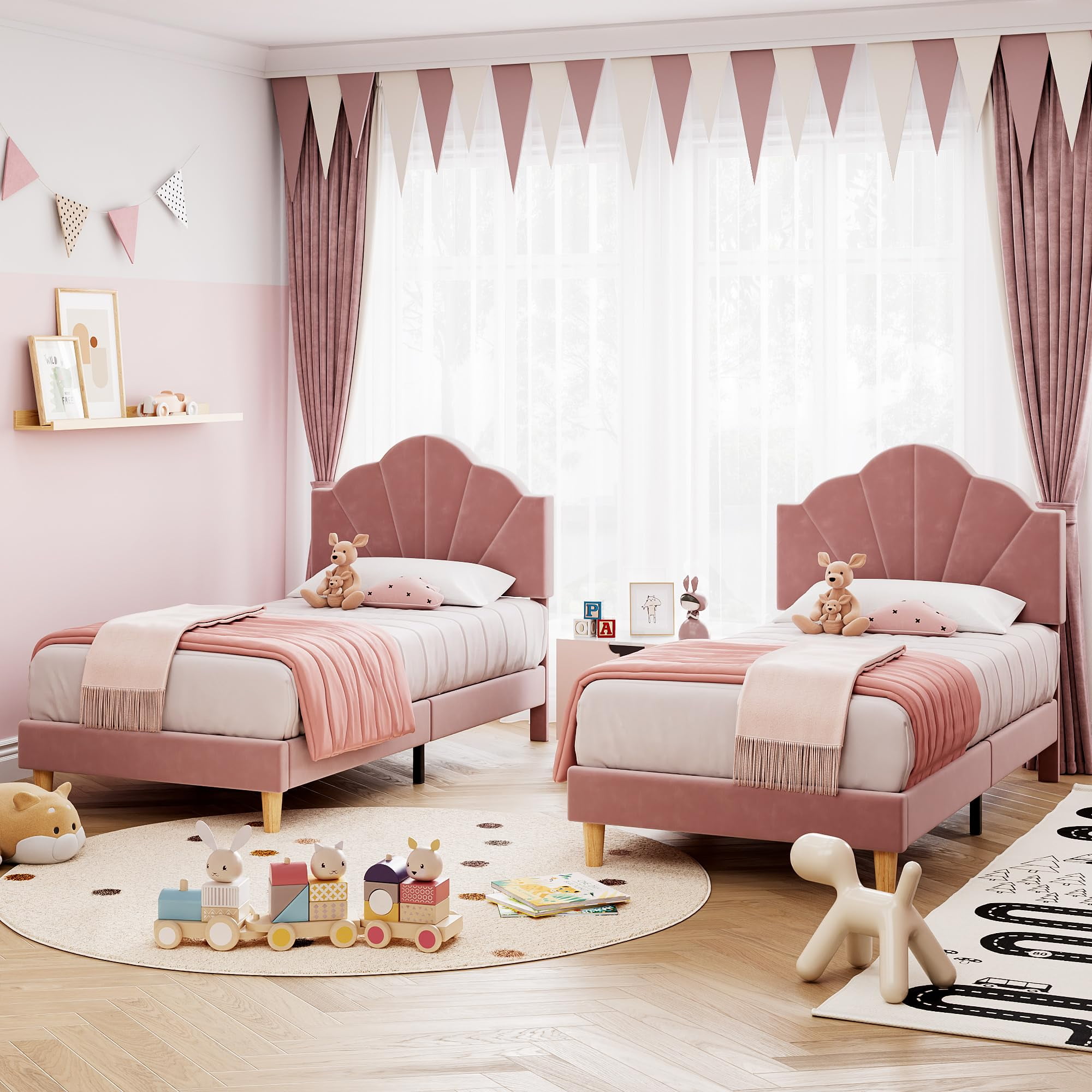 Jojoka Velvet Upholstered Twin Size Bed Frame with Adjustable Headboard, Cute Platform with Strong Wooden Slats Support, No Box Spring Needed, Easy Assembly, for Boys & Girls, Pink