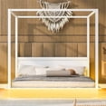 thumbnail image 2 of King Size Canopy Bed with LED Light, Wood Canopy Bed Frame with Support Slats, Canopy Platform Bed with Headboard for Bedroom, No Box Spring Needed, White, 2 of 7