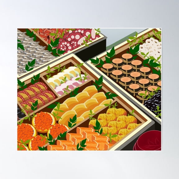 Japanese New Year Traditional Food (Osechi-Ryōri) Poster Wall Art, Modern Wall Decor For Living Room Bedroom, 8x12 UNFRAMED