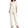 thumbnail image 2 of Yigetop Women's Asymmetric Capelet 2 Piece Pant Suit Round Neck Loose Fit Wide Leg Trousers Elegant Comfortable Outfits for Formal Events Beige L, 2 of 4