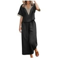 thumbnail image 2 of LEKWK Linen Sets for Women 2 Piece Plus Size V Neck Short Sleeve Loose Fit Tops and Wide Leg Palazzo Pants Summer Resort Vacation Casual Outfits, 2 of 5