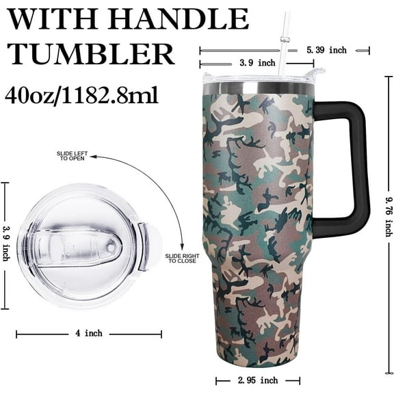 40 oz Camo Tumbler with Handle Lid and Straw, Hunting Gifts for Men Women,Camo Tumbler Travel Coffee Cup Mug Water Botter