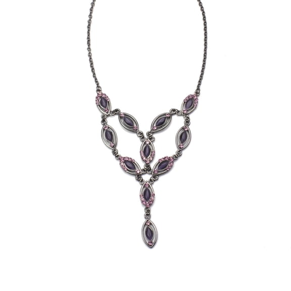 Elegant Victorian Style Y-Necklace with Purple Crystals and Pink Rhinestones Jewelry Silver