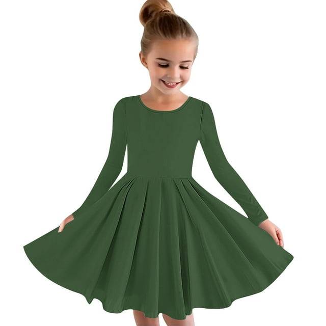YUTK Robe Maxi Décontractée à Fleurs pour Filles en Liquidation Robe à Manches Longues Extensible pour Filles Coupe Trapèze Tournoyante Patineuse Robe de Récital d'École Vert Armée