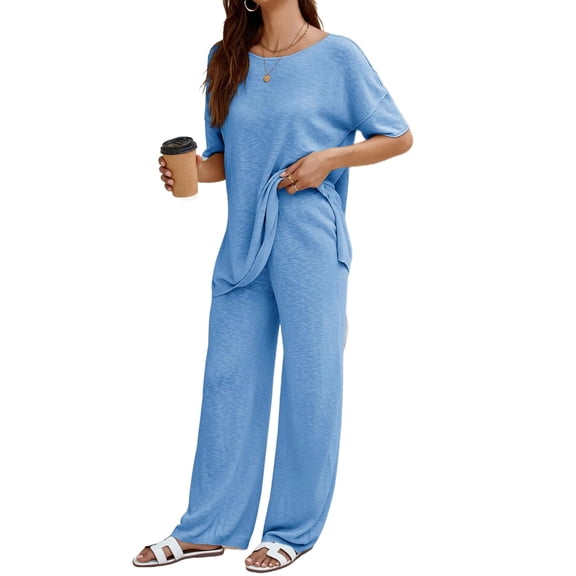 Women's 2 Piece Travel Outfits Casual Short Sleeve Knit Tops &Wide Leg Pants
