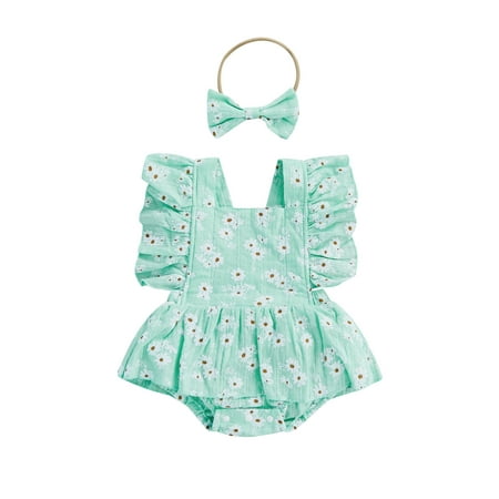 

Suanret Infant Baby Girls Romper Floral Square Neck Fly Sleeve Elastic Waist Crotch Snap Bodysuit + Bow Headband Green 12-18 Months