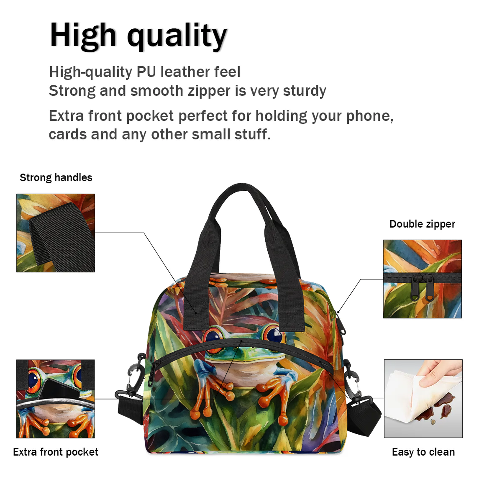 Herdesigns Green Frog Lunch Bag for Men Women Adults Cute Cartoon Frog Insulated Lunch Box Leakproof Cooler Tote Bag Organizer with Adjustable Shoulder Strap