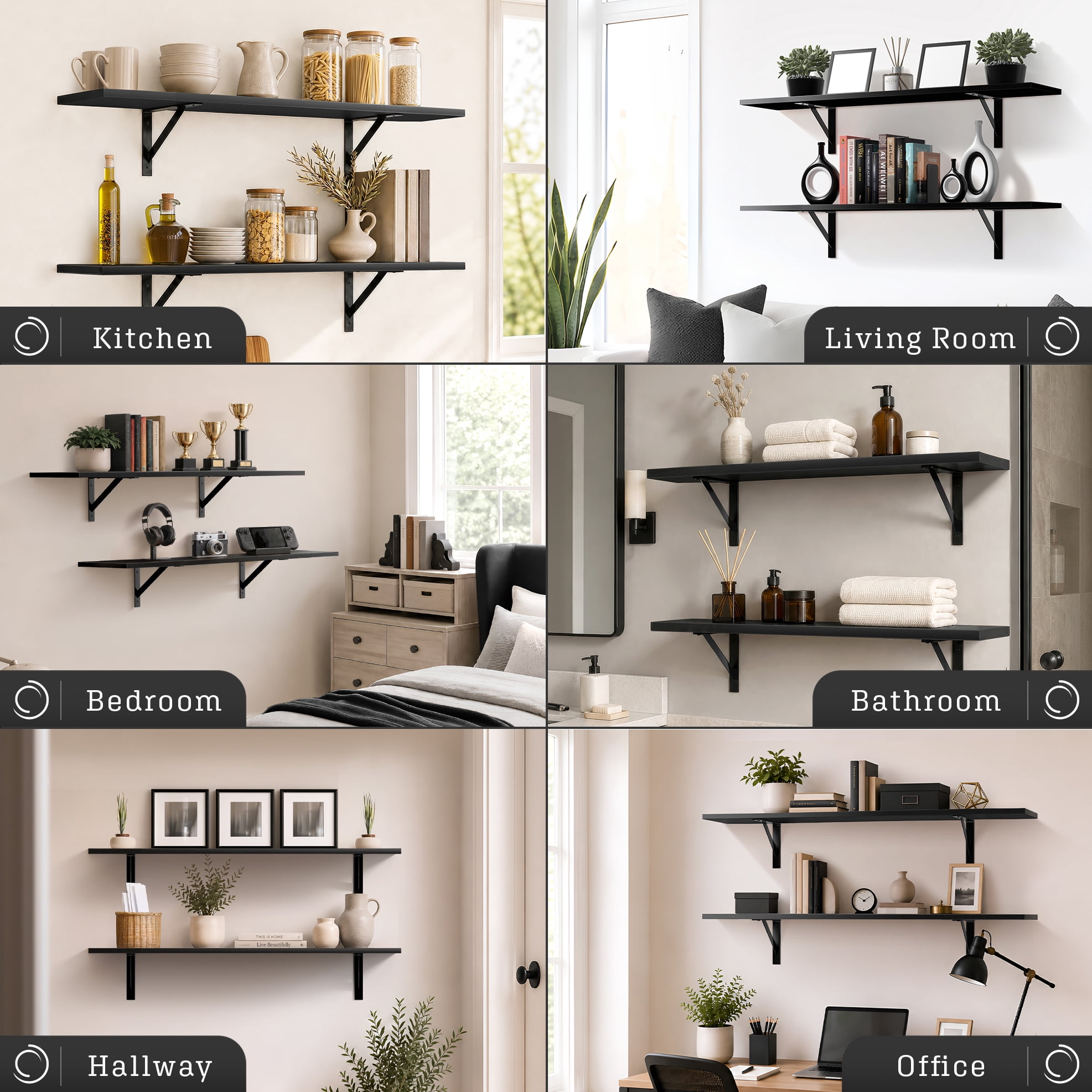 Sorbus 47.3 in Wood Wall Shelves with Black Metal Brackets, Black, 2-Piece Set