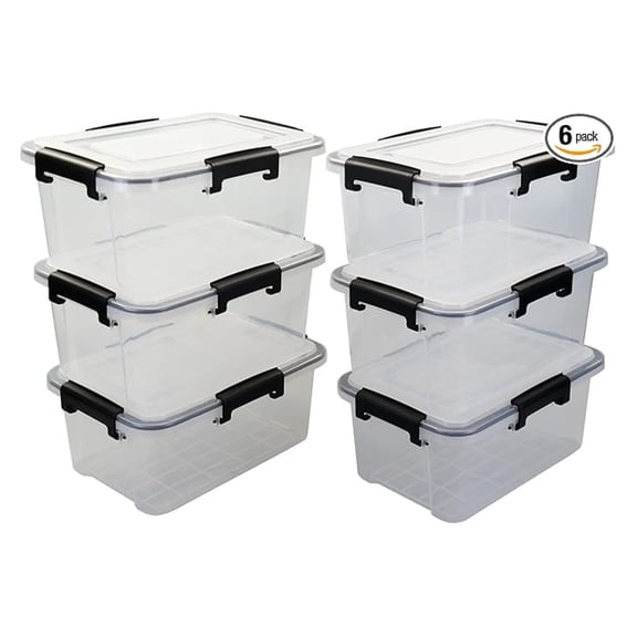 Clear Storage Boxes 6-Pack, 12 Quart Plastic Gasket Tote, Stackable Nesting Bins with Lids, Dustproof Container for Fabric, Yarn, Towels & Makeup