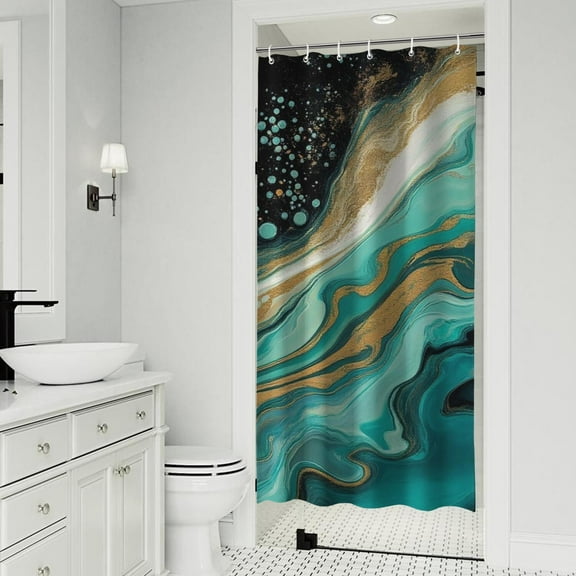 Teal Marble Gold Line Pattern Shower Curtain 36"x72" ,Bathroom Decorative Shower Curtains Set with 12 Hooks,Modern Waterproof Washable Shower Curtain
