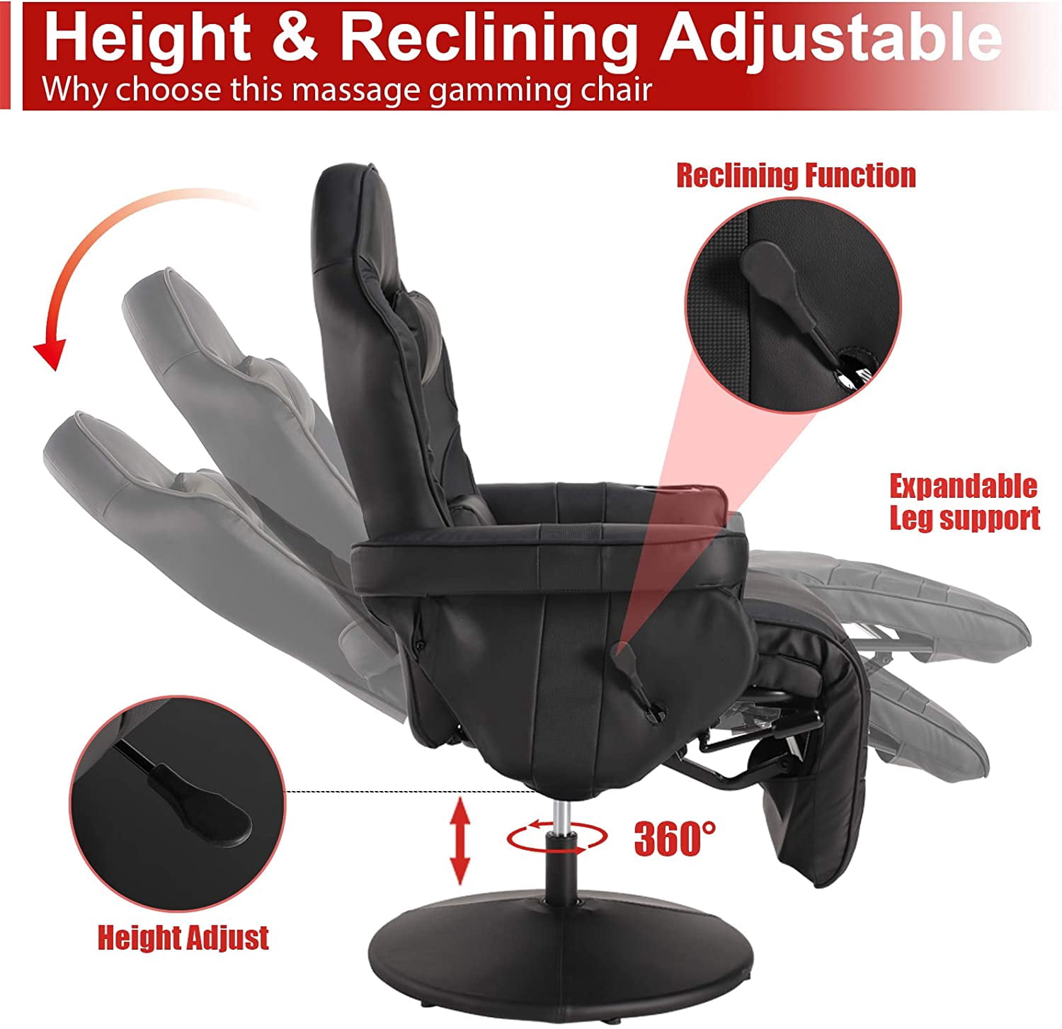 LVUYOYO Massage Video Gaming Recliner Chair Ergonomic Backrest & Seat Height Adjustment Swivel Recliner PU Leather High Back Computer Office Chair with Cupholder, Headrest, Lumbar Support, Footrest
