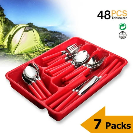 - Silverware Set Moxinox 7-Packs 48 Piece Flatware Tableware Plastic Handle Steak Knife Spoons Forks Knives Box Fork with Cutlery Tray (Red)