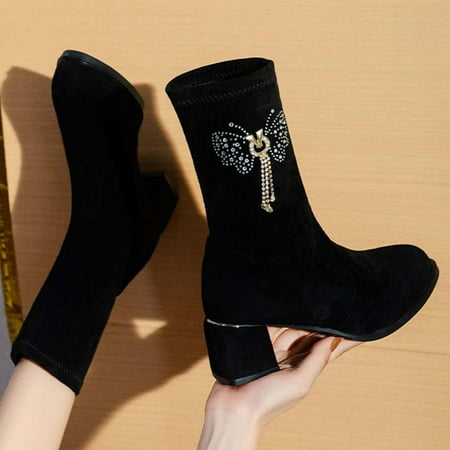 

Tdoqot Winter Boots for Women- Winter Fall Flock Boots Middle Heels Chunky Heel Fashion Solid Boots Gold 36