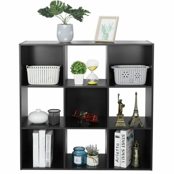SONGMY 9-Cube Storage Organizer Shelf, Black Wood Bookcase, Closet Organizer Cabinet for Living Room, Bedroom, Entryway, Modern Cube Storage Shelves Unit