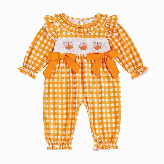 mgoYE Newborn Baby Girl Halloween Outfit Doll Collar Pumpkin Jumpsuit Romper Ruffle Sleeve Bodysuit Long Overalls with Bow|Orange,6-9 Months