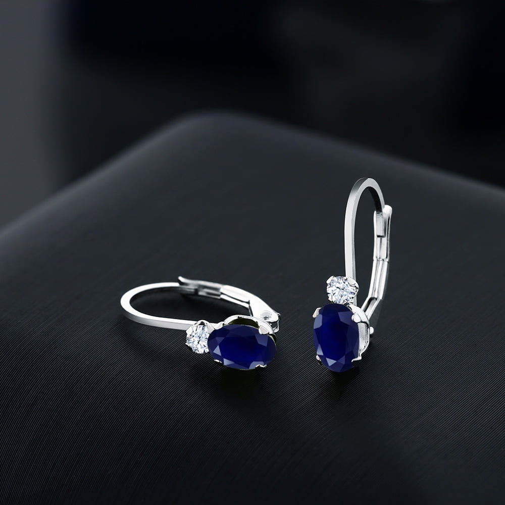 Gem Stone King 925 Sterling Silver Blue Sapphire and White Created Sapphire Leverback Earrings for Women (1.18 Cttw, Gemstone September Birthstone, Oval 6X4MM, Round 2MM, 3/4 inch)