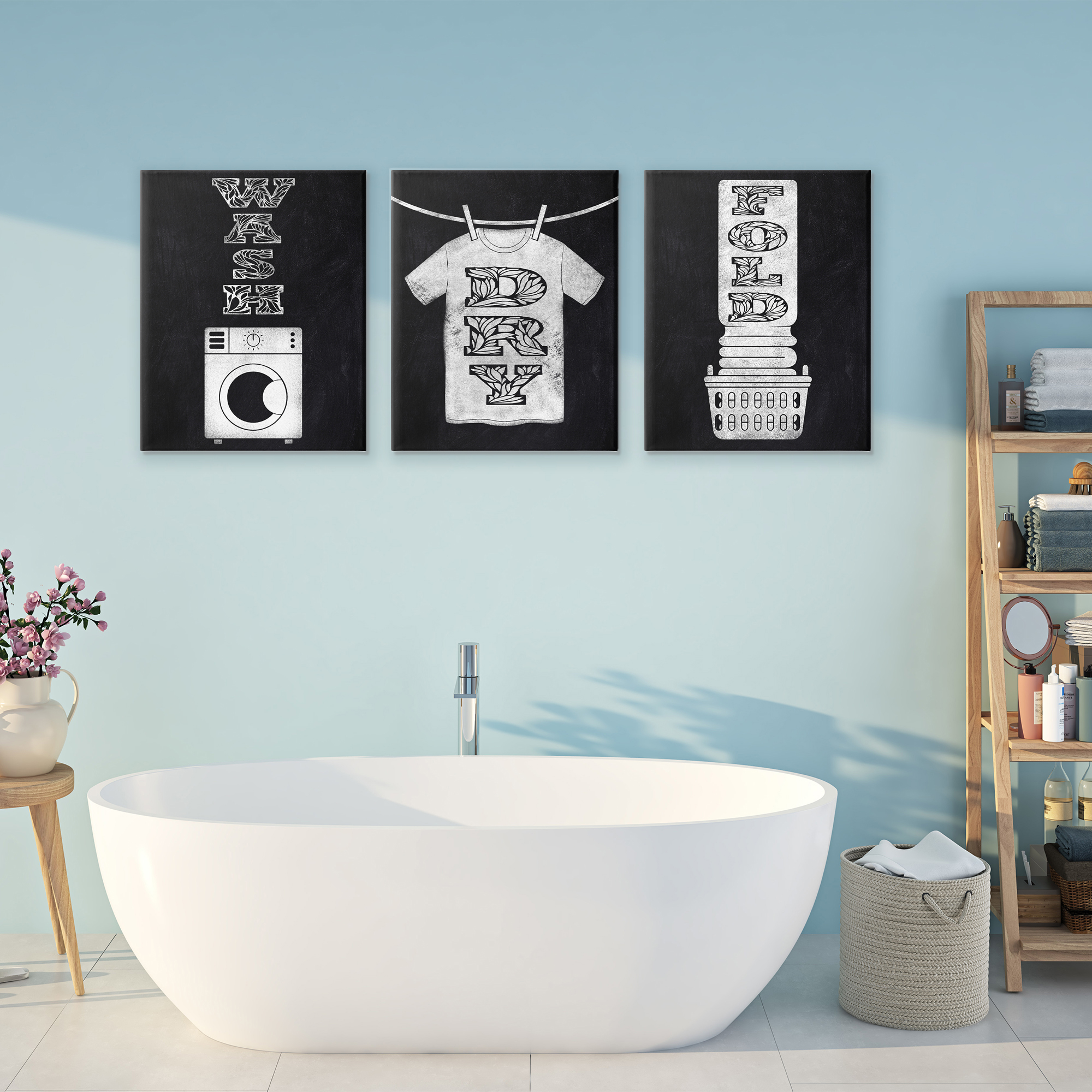 Wash & Dry Ornate Letters 3 Piece Canvas Wall Art Set, design by Marcus Prime
