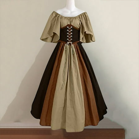 Fartey Plus Size Womens Victorian Dress Flare Sleeve Off Shoulder Medieval Vintage Dresses with Corset Patchwork Ball Gown Prom Dress on Clearance Coffee 2XL