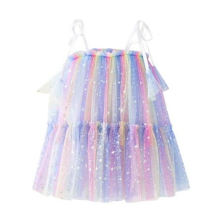 

CLZOUD Girls Neutral Dress Blue Cotton Blend Toddler Girls Sleeveless Star Moon Paillette Princess Dress Dance Party Dresses Clothes 120