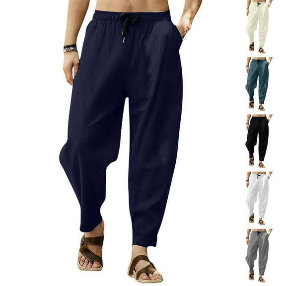 YUGYXL Men's Big and Tall Cotton Linen Pants Elastic Waist Drawstring Straight Pants with Pockets Outdoor Casual Pants Beige M