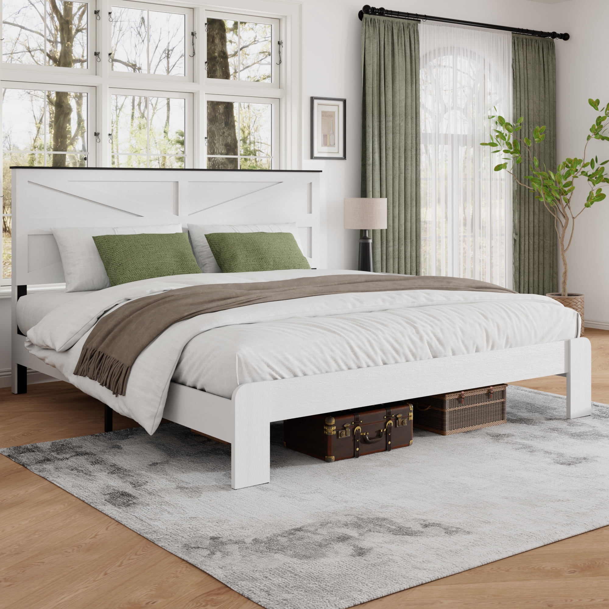 King Size Farmhouse Wooden Bed Frame with Headboard, Boho Platform Bedframe Sturdy Metal Slats Support, No Spring Mattress, Noisy Free, Easy Assembly (King, White)