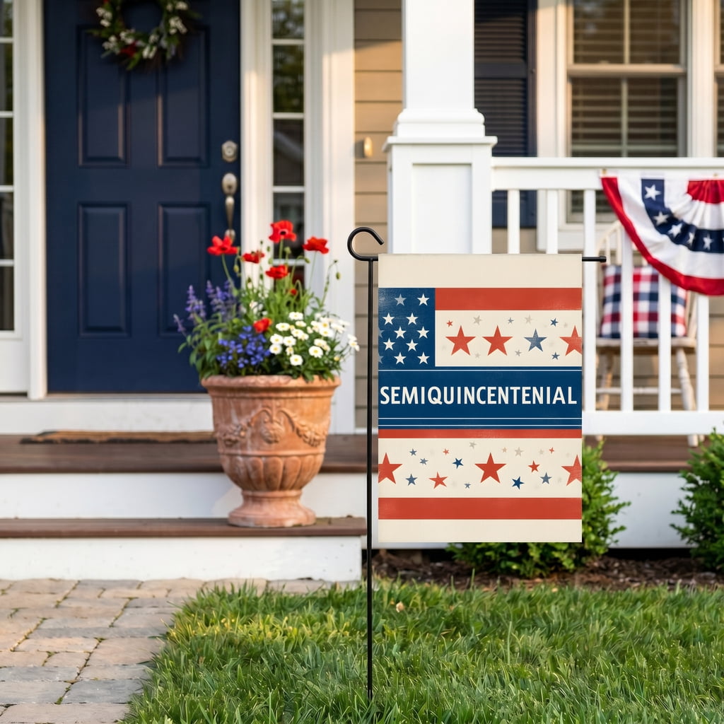 4th of july garden flag A red white and blue banner with stars on it. SEMIQUINCENTENIAL usa 250th anniversary flag Standard 28x40 Inch Format 4th of july decorations for home
