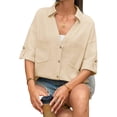 thumbnail image 5 of Short Sleeved Summer Women Solid V Neck Button Down Casual Blosue with Pocket, 5 of 6