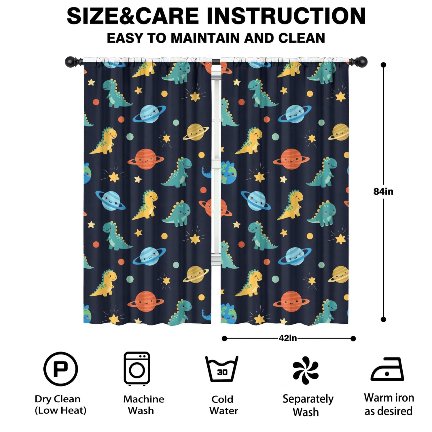 Blackout Kids Curtains,Dark Blue Dinosaurs Space Pattern Childrens Insulated Curtains Set Of 2,Bedroom Essentials,Toddler Room Decor 42"x84"