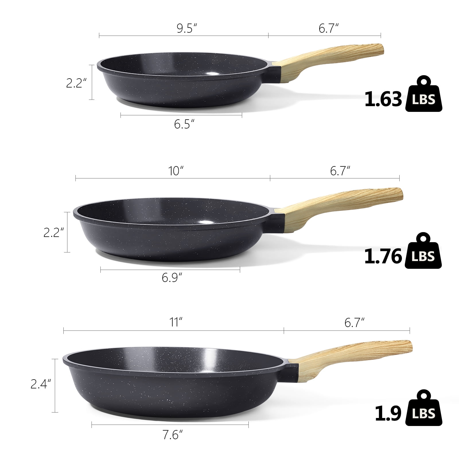 GIPP 3 Pcs Non Stick Frying Pan Set, 9.5”, 10”, 11” Ceramic Cookware with Induction Compatible,Dishwasher Safe,Kitchen Cooking Skillet Pans Set