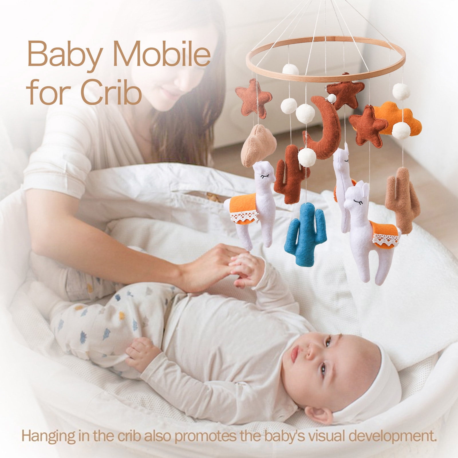 Newborn-Friendly Mobile Toy, Soft Felt Alpacas with Gentle Bells for Visual Development & Chewing