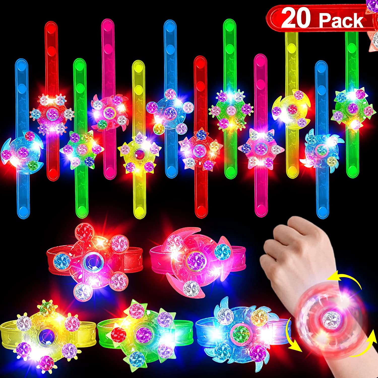 Glory Island Party Favors for Kids,12 Pack Spin Glow Bracelets Toys, Light  Up Toys in The Dark, Stress Relief Anxiety Boys and Girls LED Neon Flashing