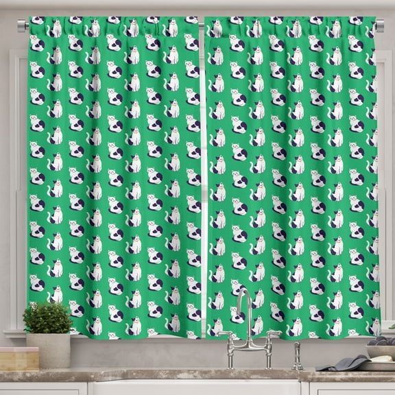 Ambesonne Cat Kitchen Curtains, Kittens in Various Funny Poses, 55"x45", Green Indigo and White
