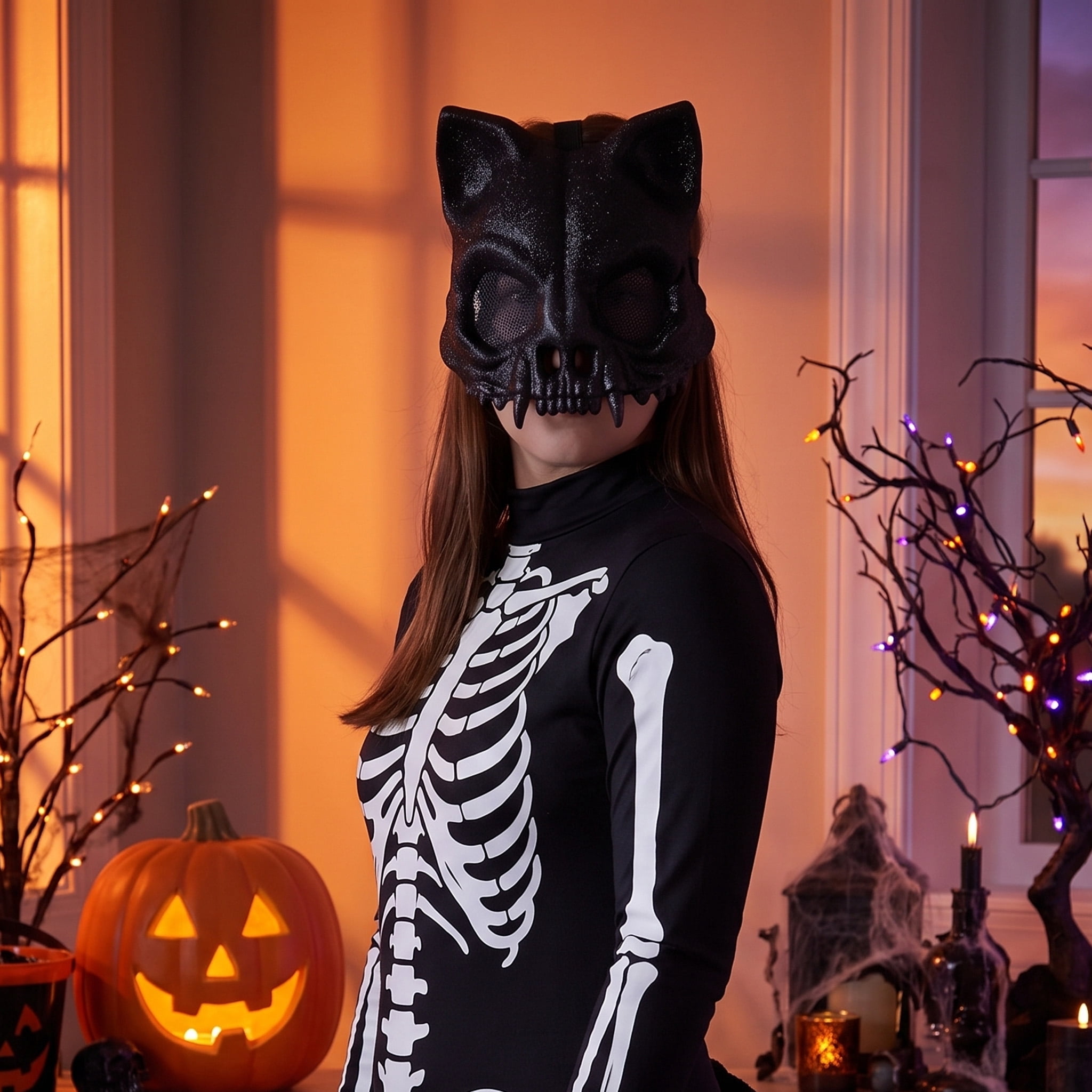 Glitter Skeleton Cat Mask Costume Accessory for Adults, Black, Halloween by Way To Celebrate
