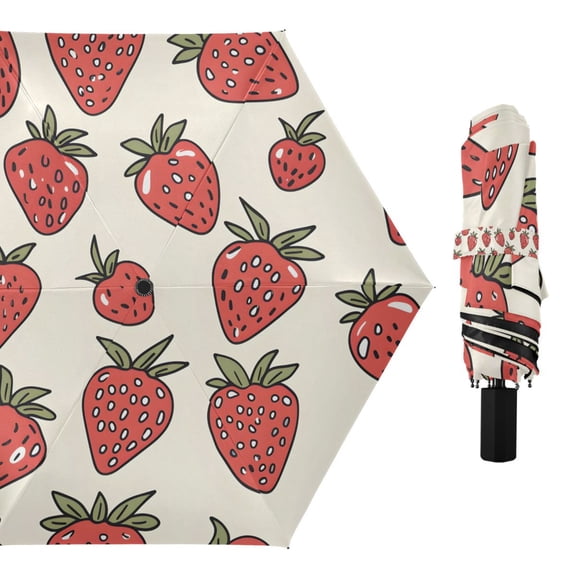 Hand Drawn Strawberry Compact Sun Umbrella Windproof Travel Umbrellas for Rain Strong Portable UV Protection