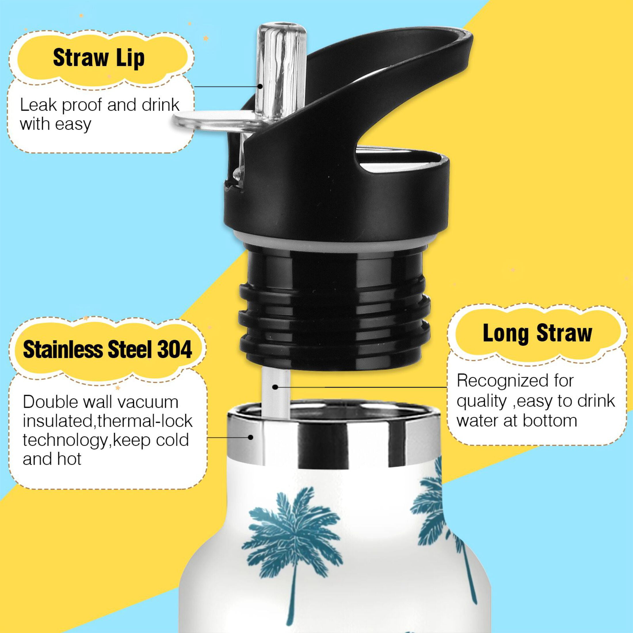 Kids Insulated Stainless Steel Sports Water Bottle 600ml Teal Palm Tree Pattern