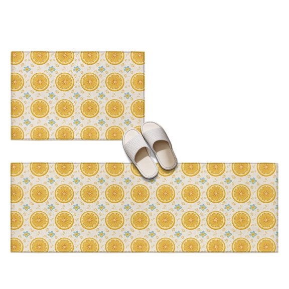 Yellow Lemon Rounds 2 Pieces Non-Slip Kitchen Mat Set, Summer Fruit Rustic Floral Vintage Soft Door Mat with Rubber Backing, Dirtproof Rugs for Entrance Doorway, 19.7x31.5in+19.7x47.2in
