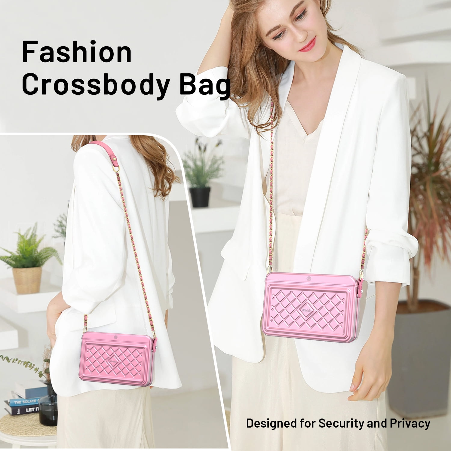 iDiskk MFi Certified 2-in-1 Security Lockable Crossbody Bag with Fingerprints Lock for Women, Shoulder Bag Anti-Theft with Fingerprint & Password Unlocking Built-in 8000mAh 1-Pack Pink