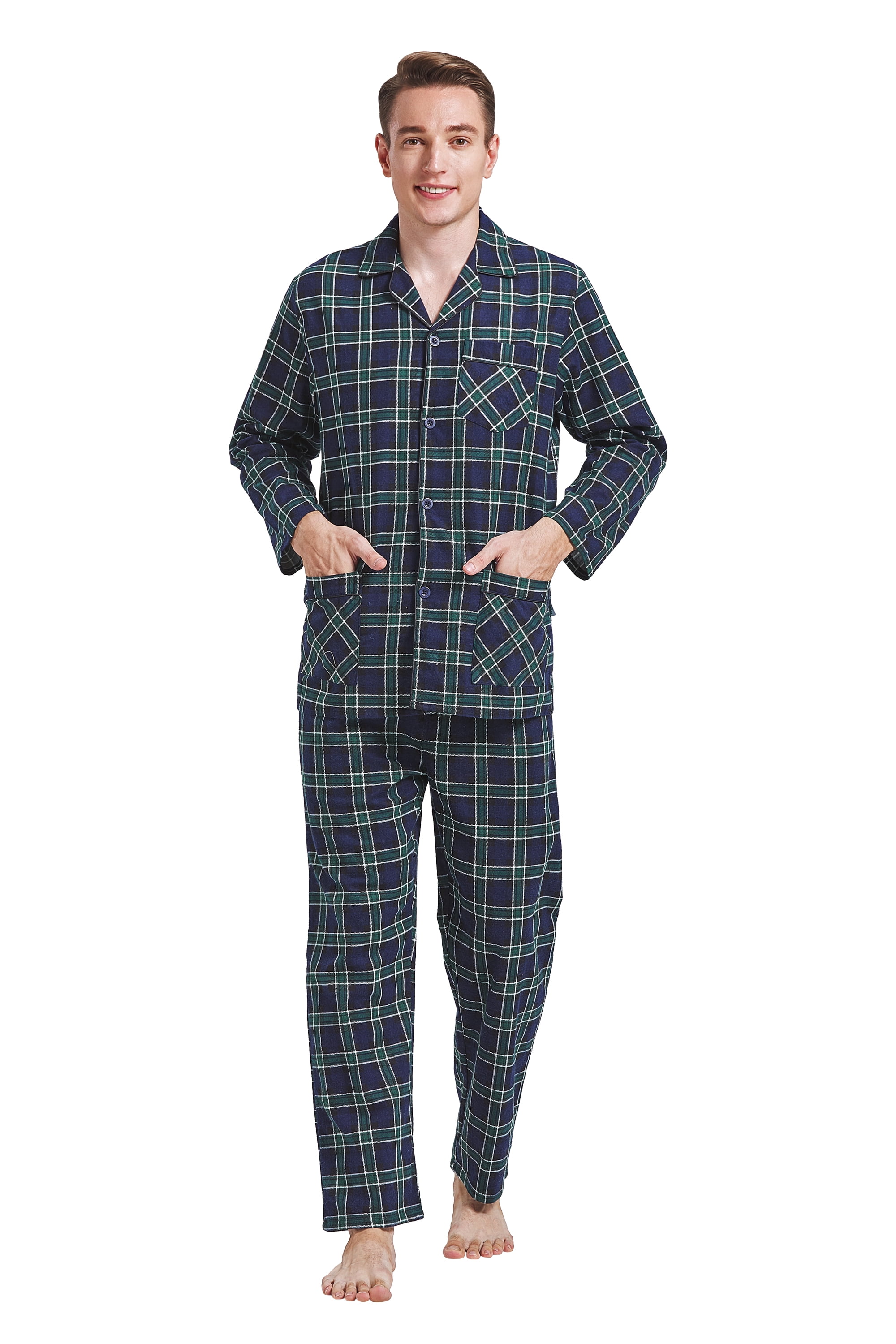 GLOBAL Men's Pajamas Sets 100 Cotton Flannel Sleepwear LongSleeve Top