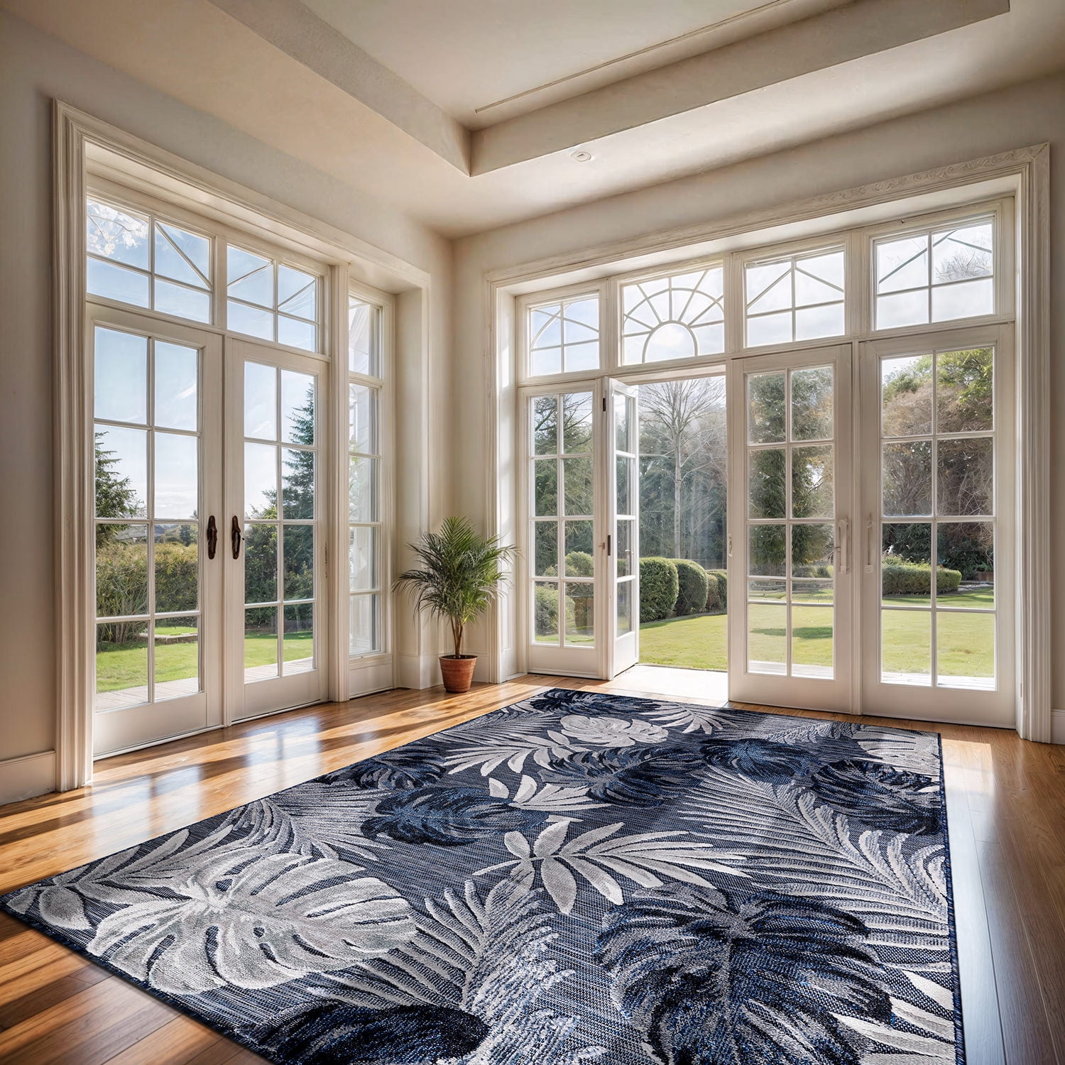 CAMILSON Spring Leaf Tropical Botanical Easy-Cleaning Non-Shedding Washable Outdoor Indoor Area Rug Navy Blue 6x9