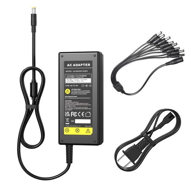 Adaptador de fuente de alimentación DC 12 V 5 A con 8 cables divisores de 60 W