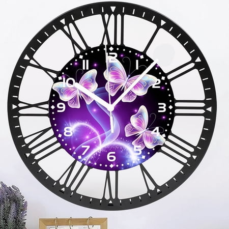 Iron Butterfly Wall Clock for Bathroom,Flying Butterfly Glowing in Dark Wall Clocks Silent Non-Ticking Battery Operated Clock 10 Inch,Wall Clocks Decorative for Living Room,Kitchen,Office