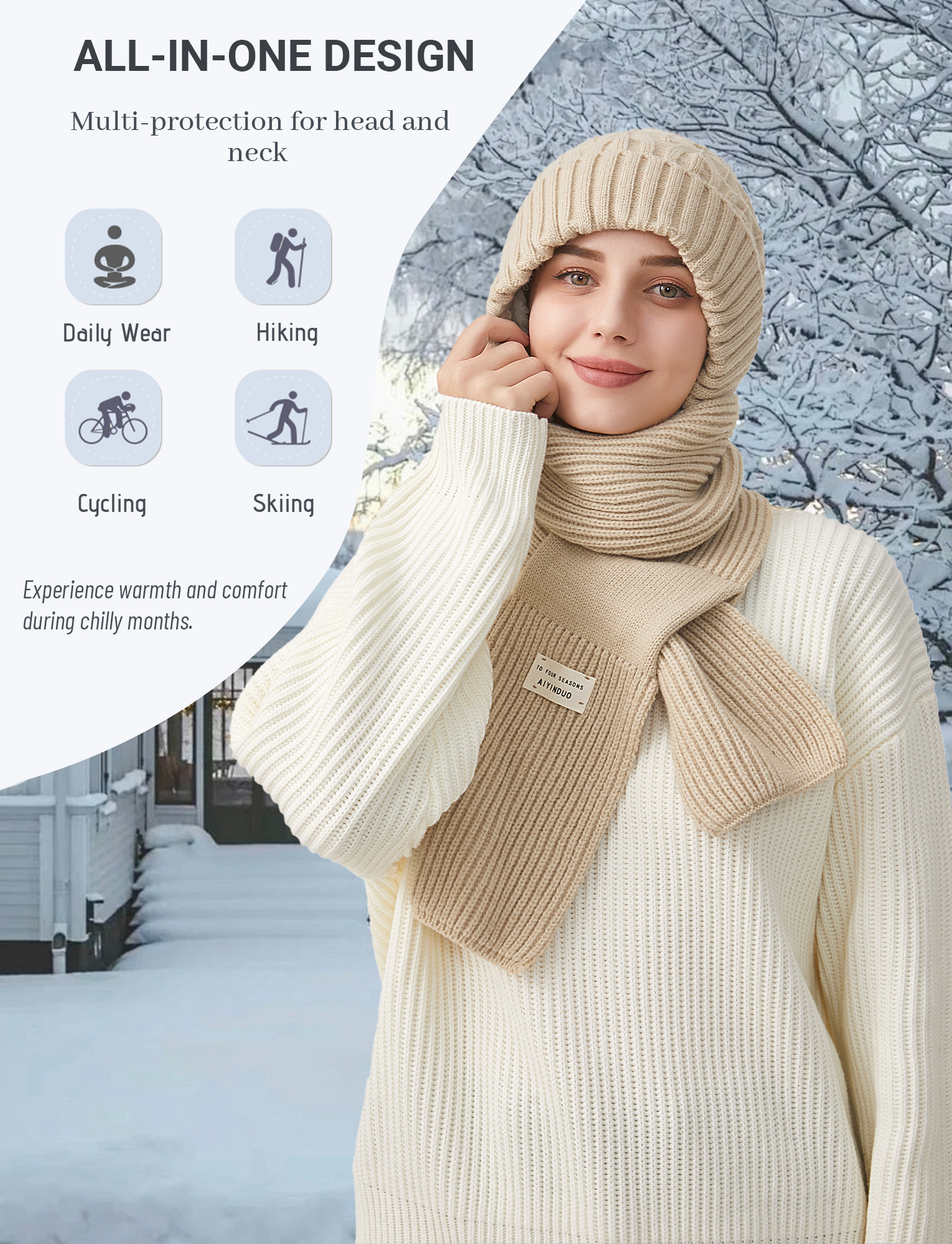 FEOYA Women Integrated Ear Protection Windproof Cap Scarf Winter Beanie Hats Scarf One-Piece Fleece Balaclava Hood Scarf Hat Warm Knitted Ski Scarf Hat Beige