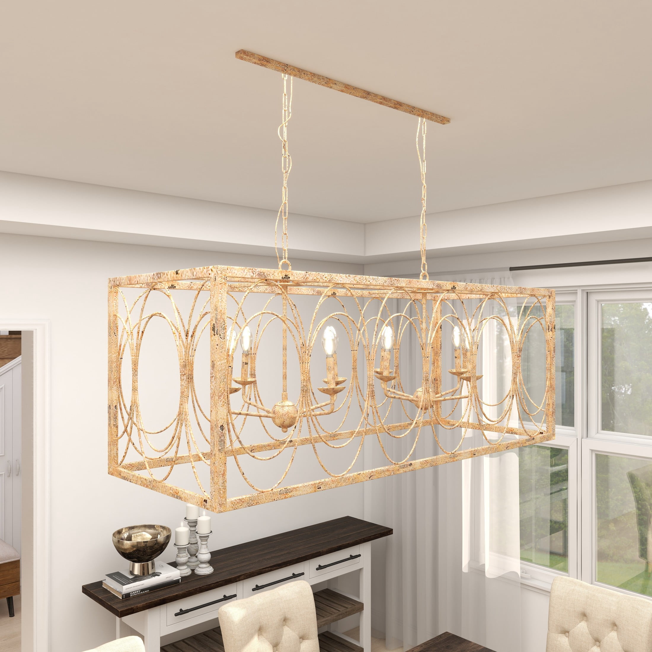 DecMode 48" x 18" Gold Metal Distressed Caged 8 Light Chandelier with Link Style Chain, 1-Piece