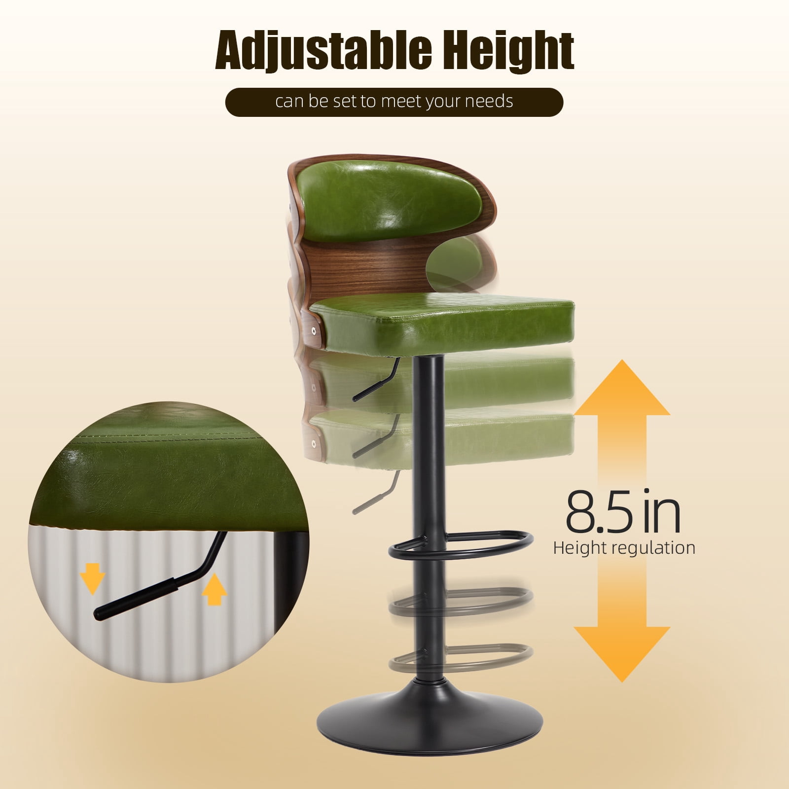 MOONMISS Swivel Bar Stools Set of 2, Wooden Kitchen Bar Chairs with Back, PU Leather Counter Height Barstools for Kitchen Island,