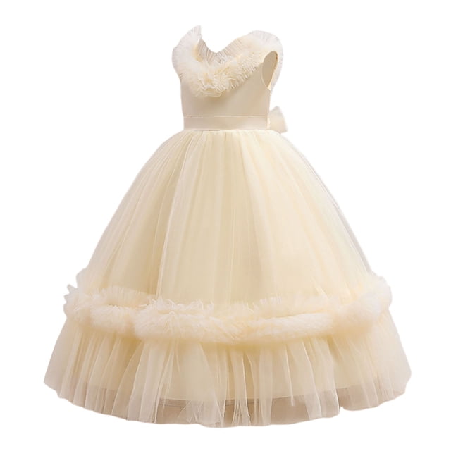 HBFAGFB Robe Formelle Filles Mode Enfants Sans Manches Fleur Princesse Jupe Longue en Maille Beige Taille 9Y