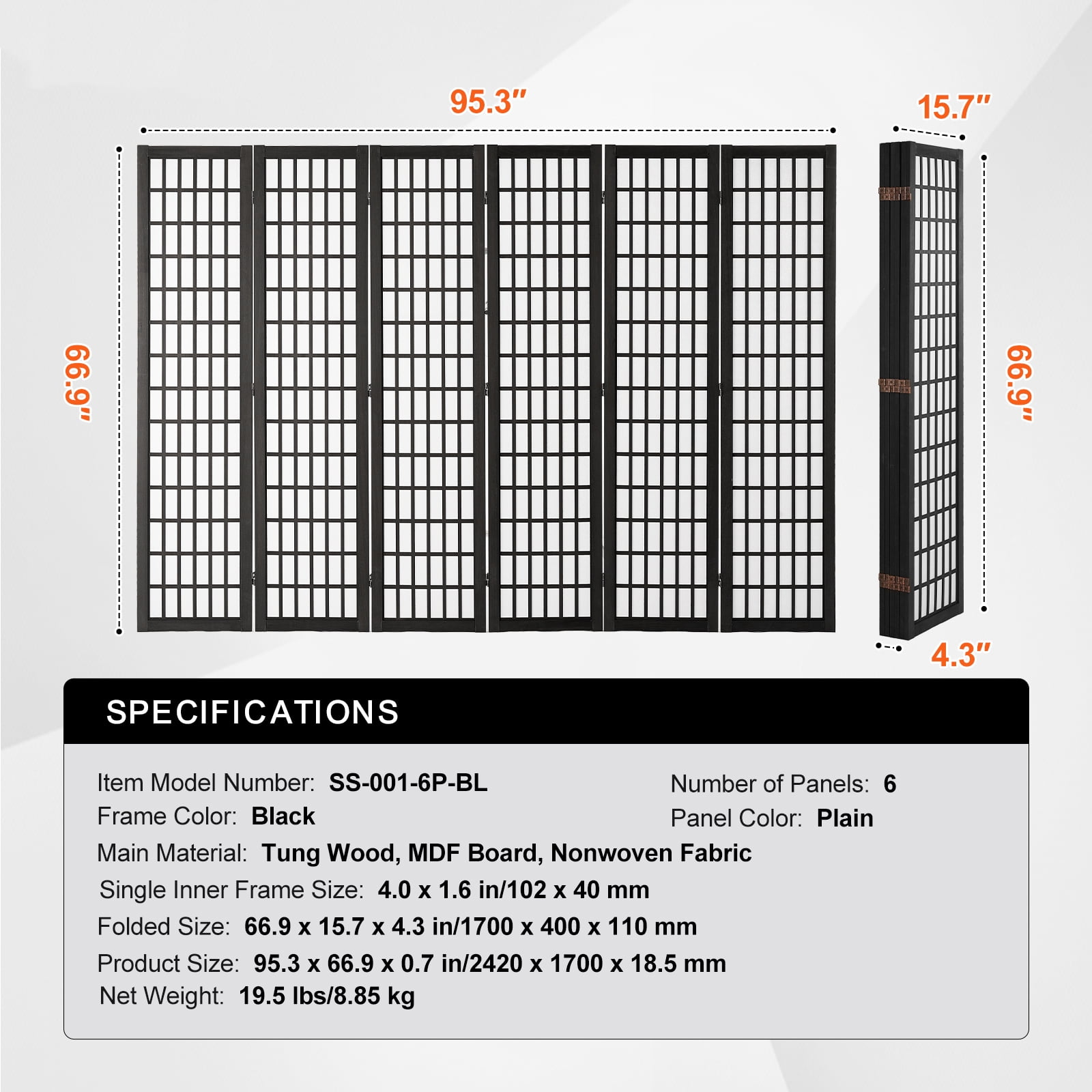 KFFKFF 6-Panel Folding Room Divider, Japanese-Style Privacy Screen, Portable Partition for Indoor Use, Ideal for Room Separation, Home, Office, Restaurant, and Bedroom (Black)